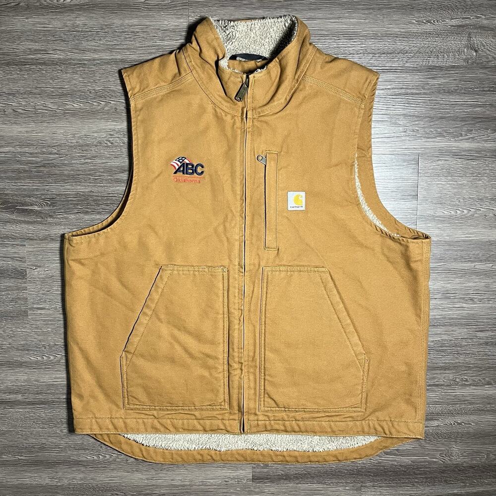 Carhartt Washed Duck Sherpa Lined Mock Neck Vest Men's L Brown Loose Embroidered